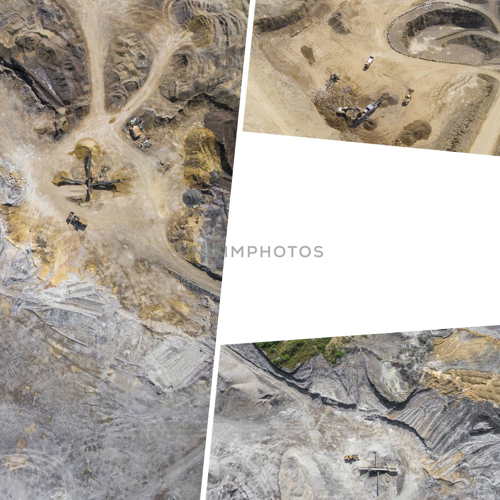 Aerial view over the building materials processing factory. Sand mine. View from above.