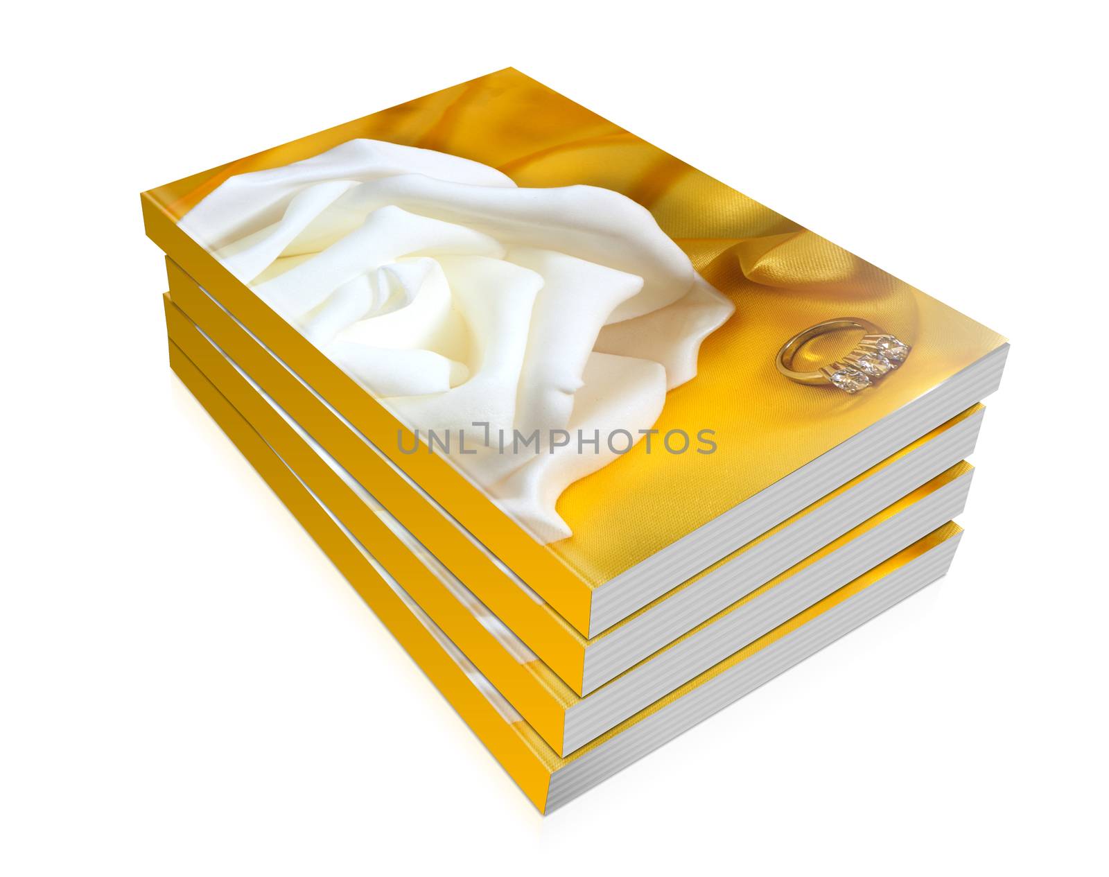  books of wedding rings on  a yellow fabric background