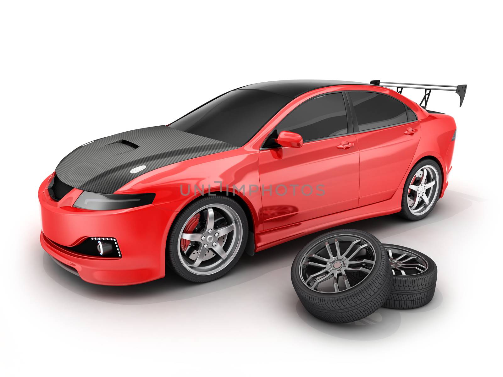 Red sport car and wheel by vladru