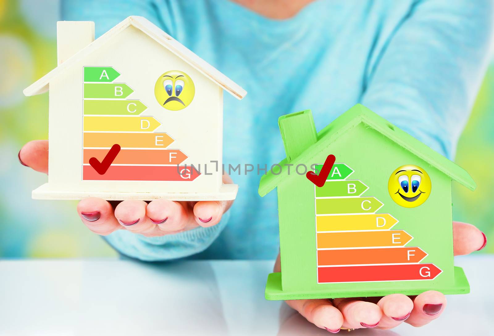 concept comparison between normal house and low consumption house with energy efficiency rating by pixinoo