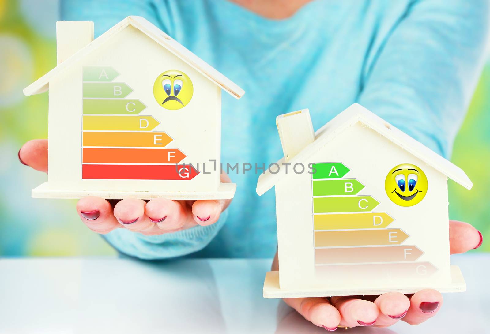 concept comparison between normal house and low consumption house with energy efficiency rating