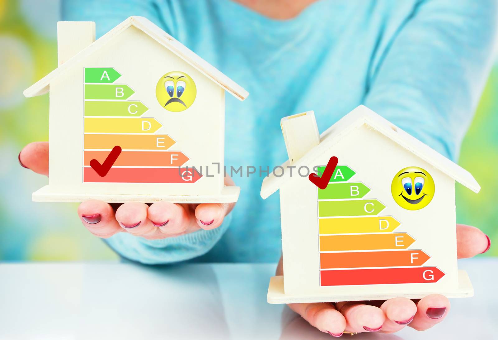 concept comparison between normal house and low consumption house with energy efficiency rating