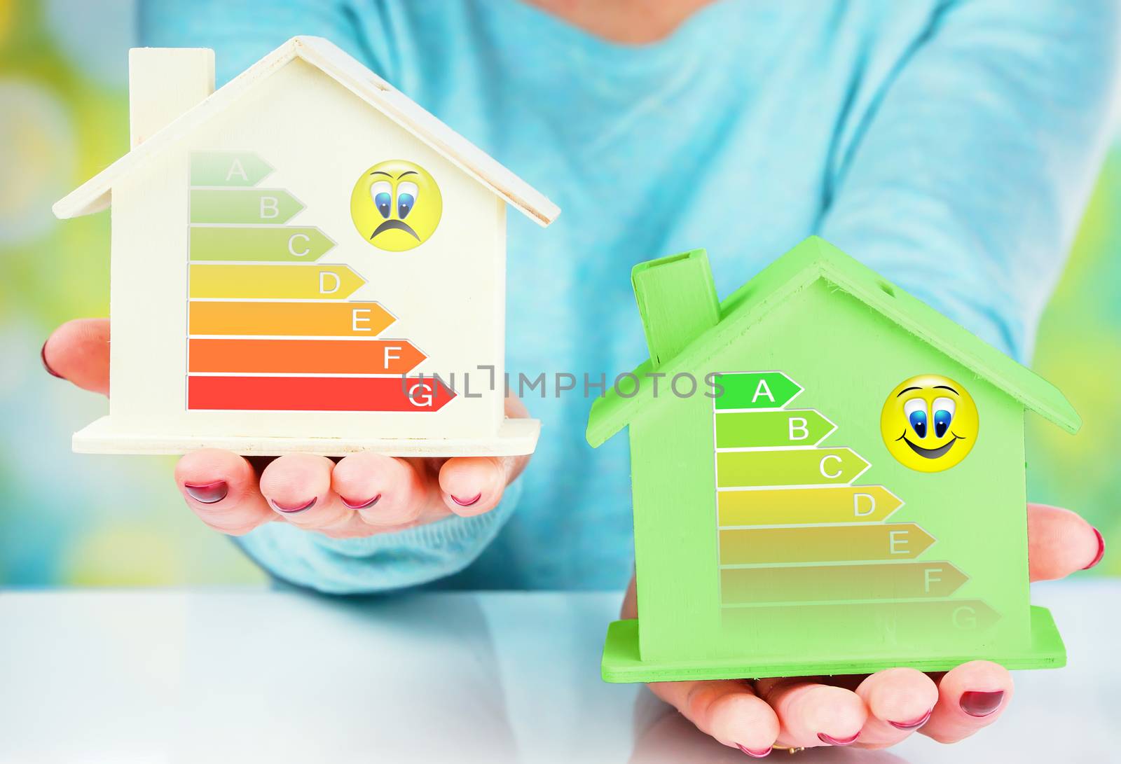 concept comparison between normal house and low consumption house with energy efficiency rating by pixinoo