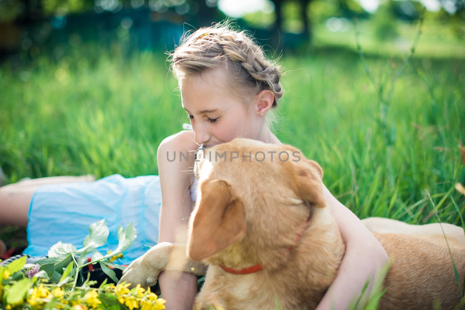 girl with a dog lying on the grass in the garden on a sunny summer day