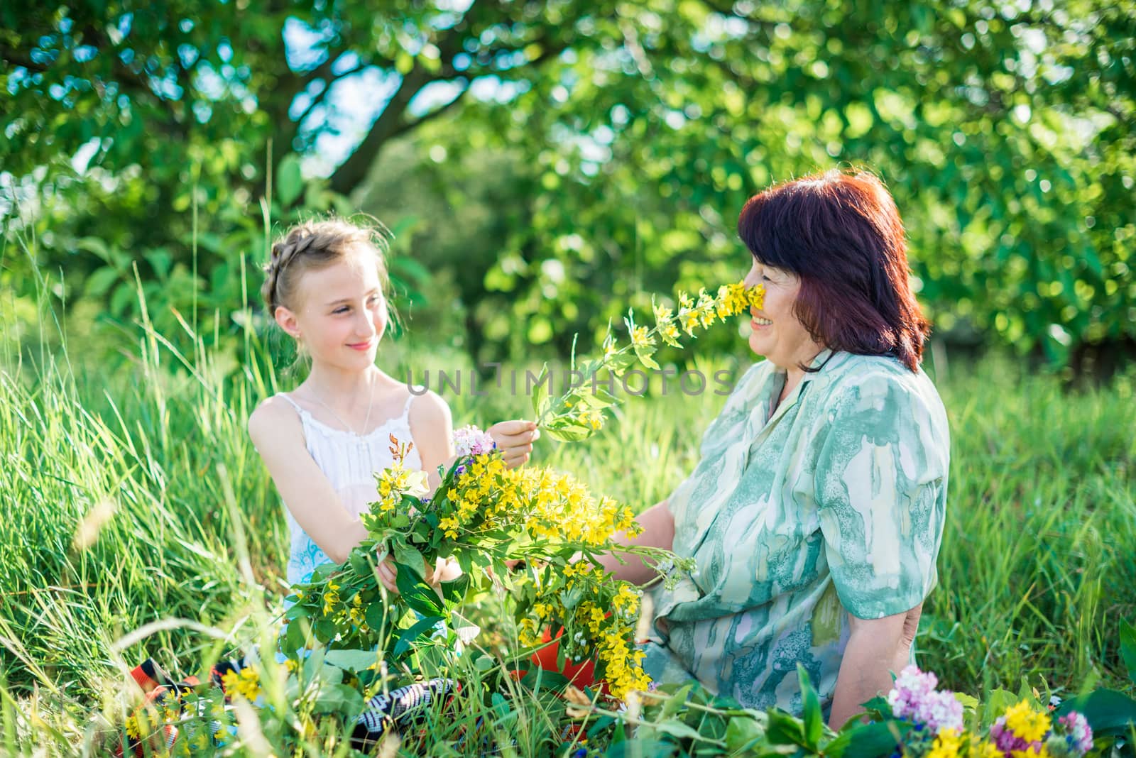 grandmother granddaughter with flowers in the green garden on a sunny summer day