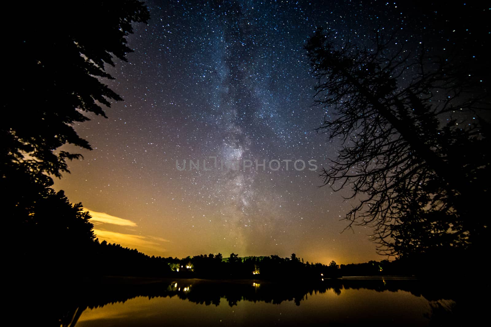 Milky way framed by trees over a lake during the summer in canada