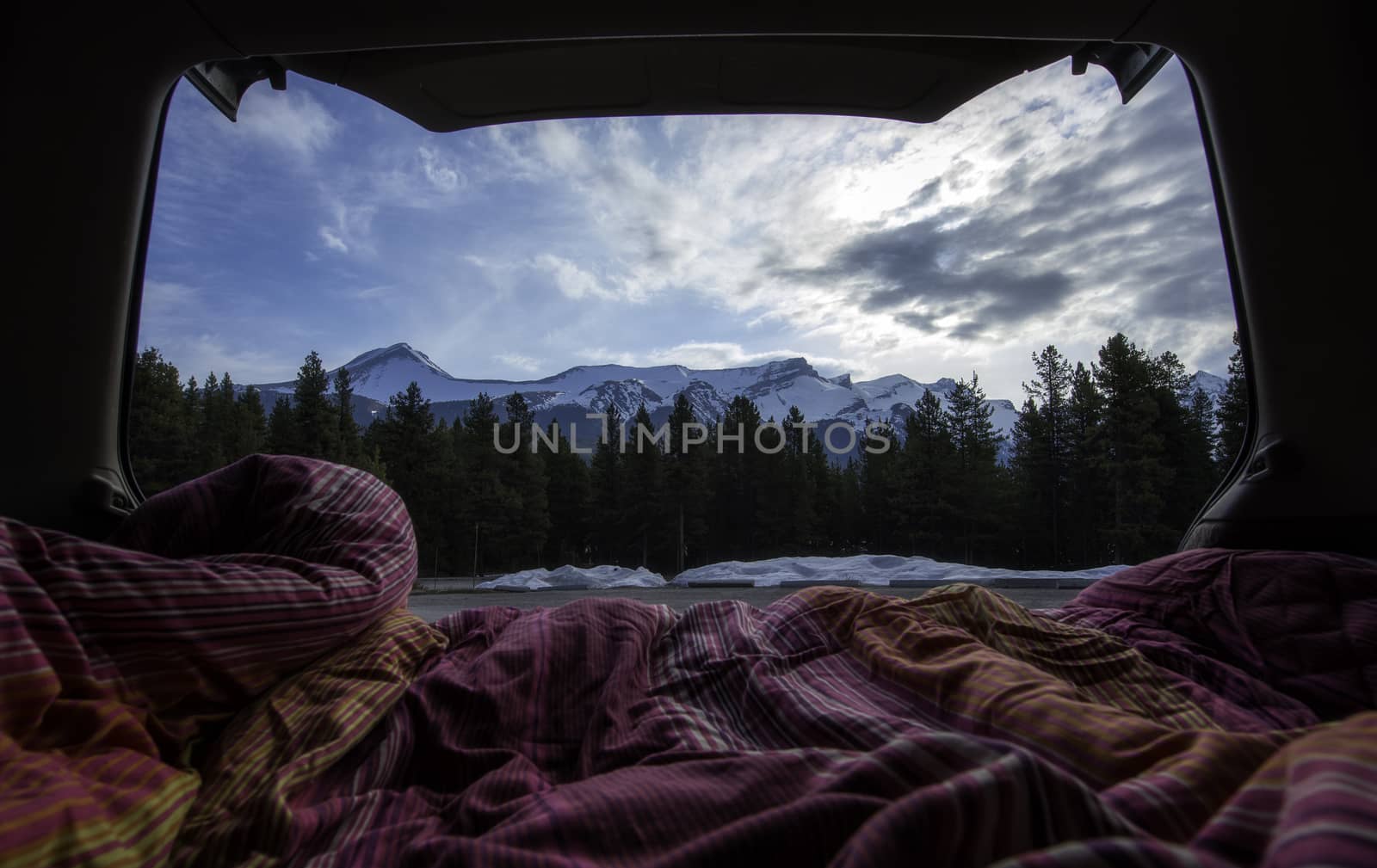 looking out the back of a car bed at mountains