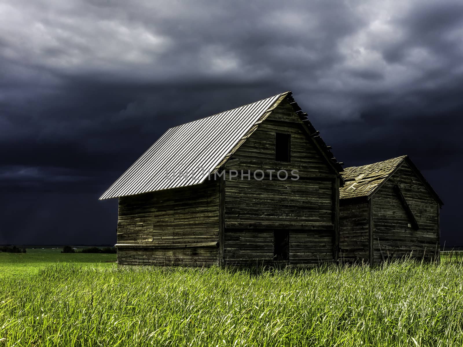 Sunny old barn in front of a storm by TSLPhoto
