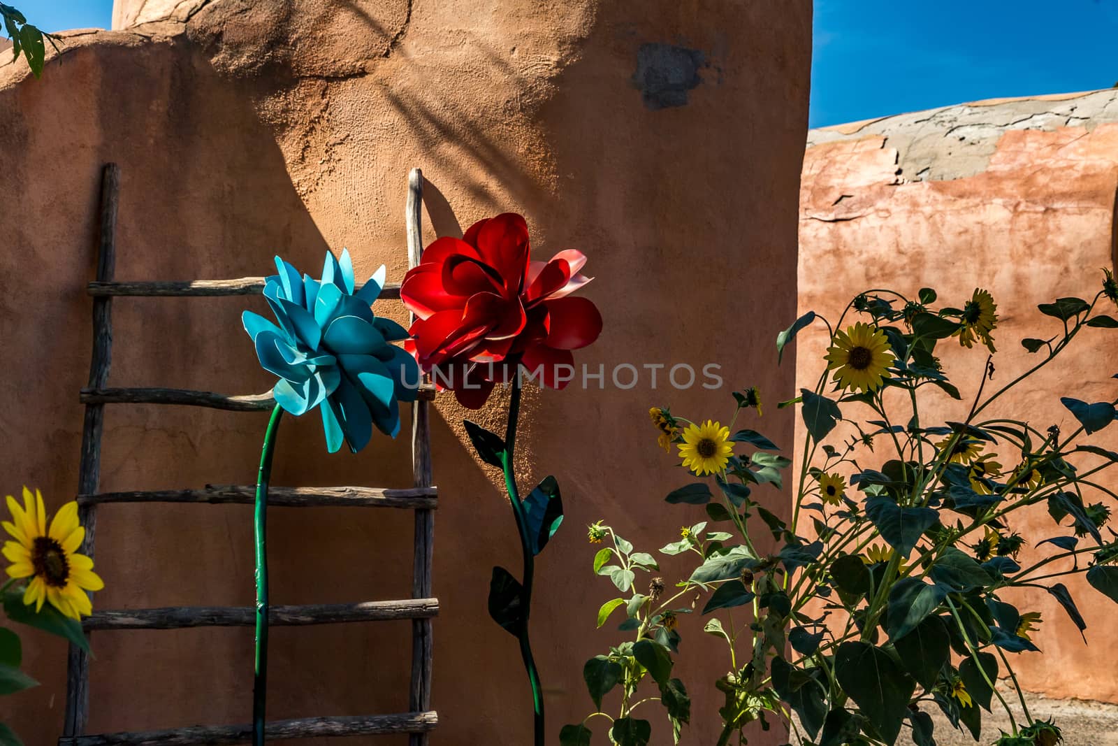 A kiva ladder and a mixture of real and artificial flowers decorate an adobe wall in Old Town, Albuquerque, New Mexico.