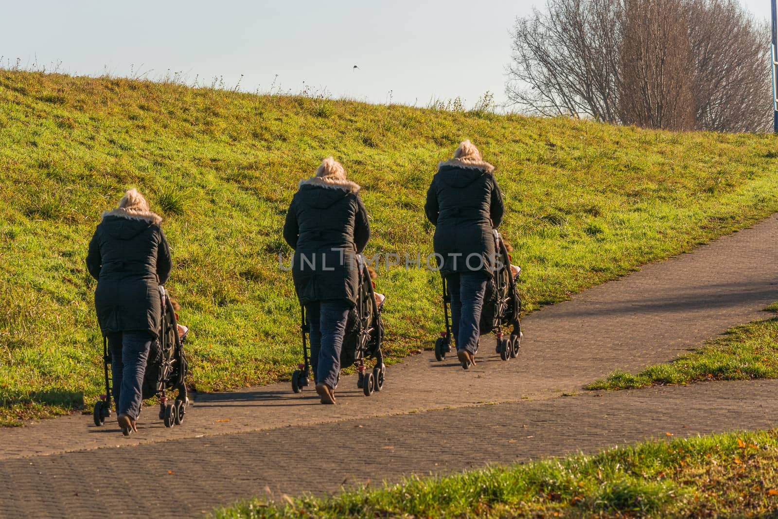 Three women with a baby carriage while walking with the grandson.