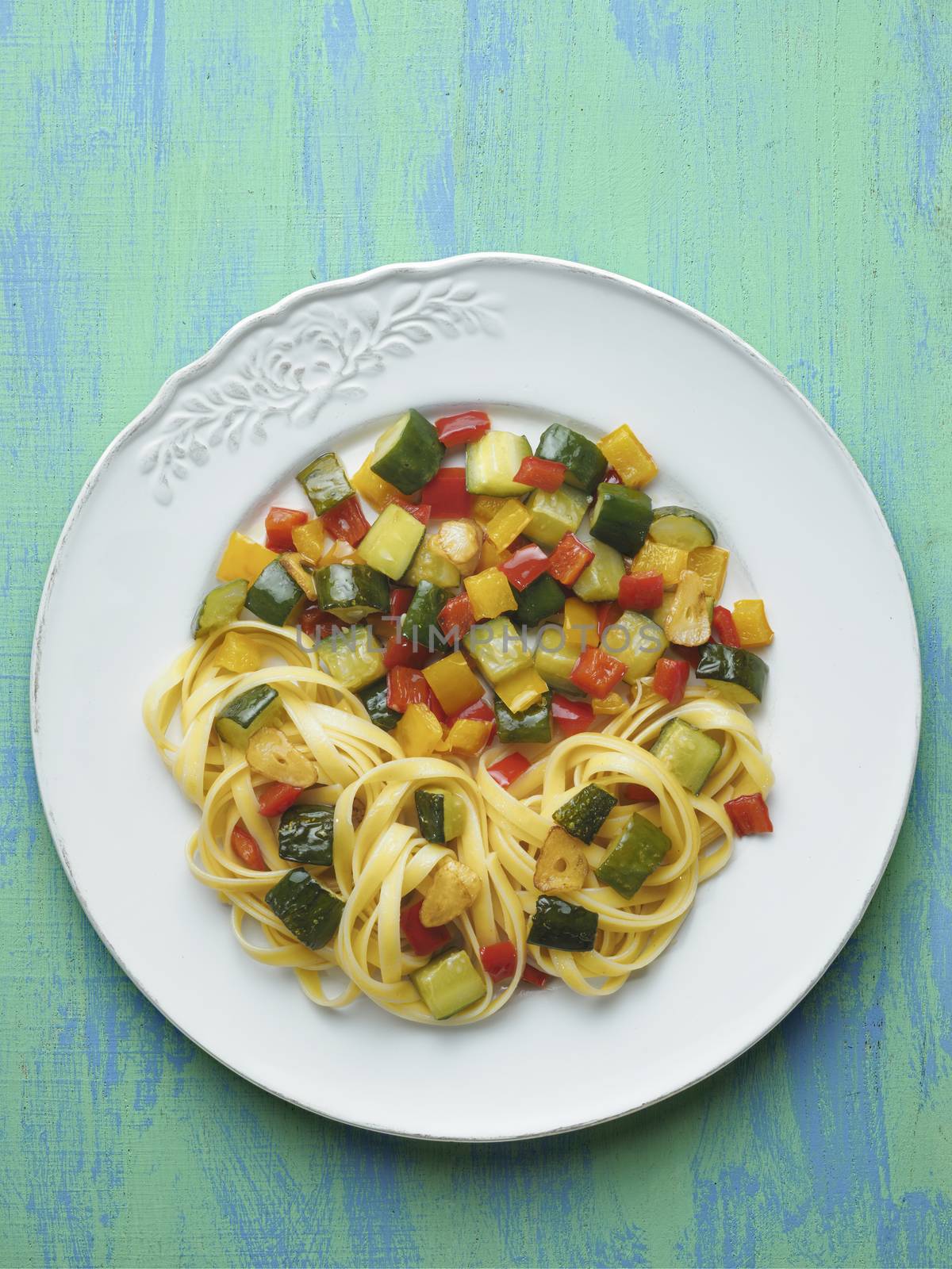 close up of rustic  healthy italian pasta primavera