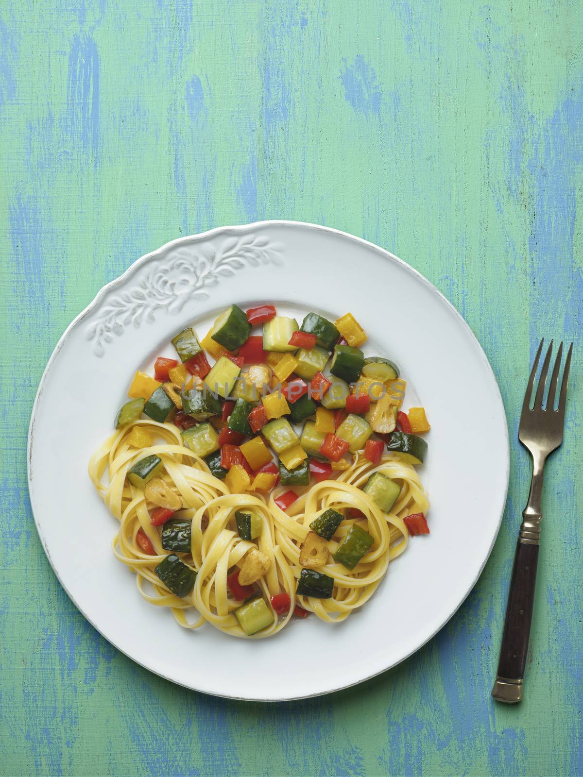 close up of rustic  healthy italian pasta primavera