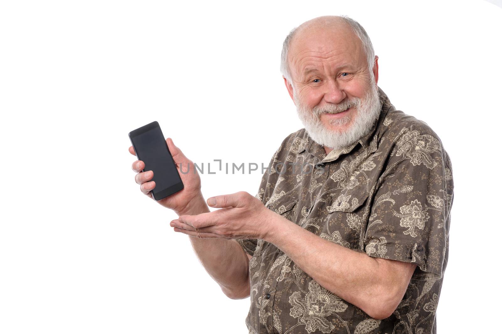 senior man showing something at smartphone screen, isolated on white by starush