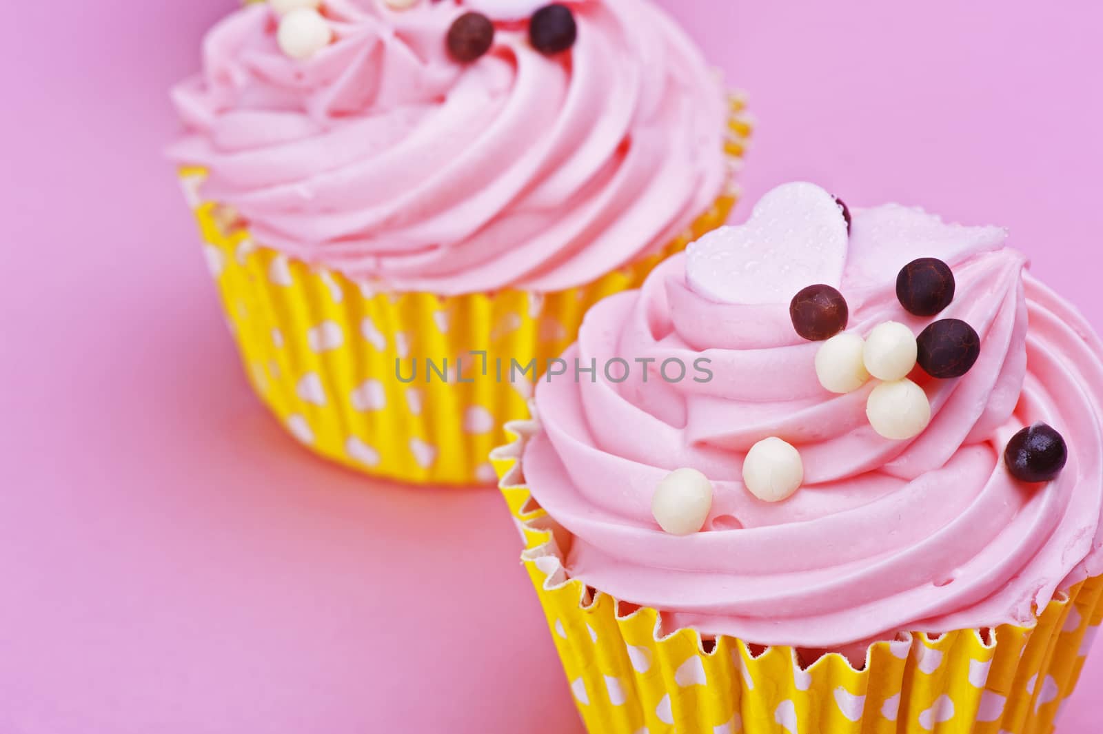 Two sweet cupcake with chocolate balls isolated on a pink background 