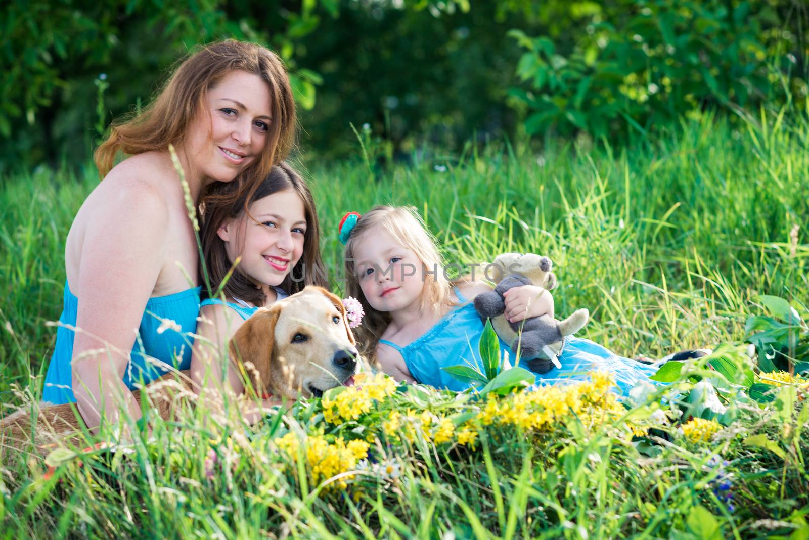 mother, two daughters and dog by okskukuruza
