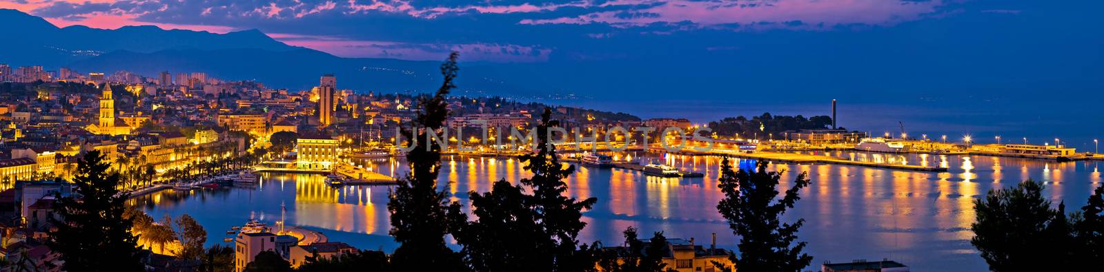 City of Split aerial panoramic view at dawn, waterfront and Diocletian palace, Dalmatia, Croatia