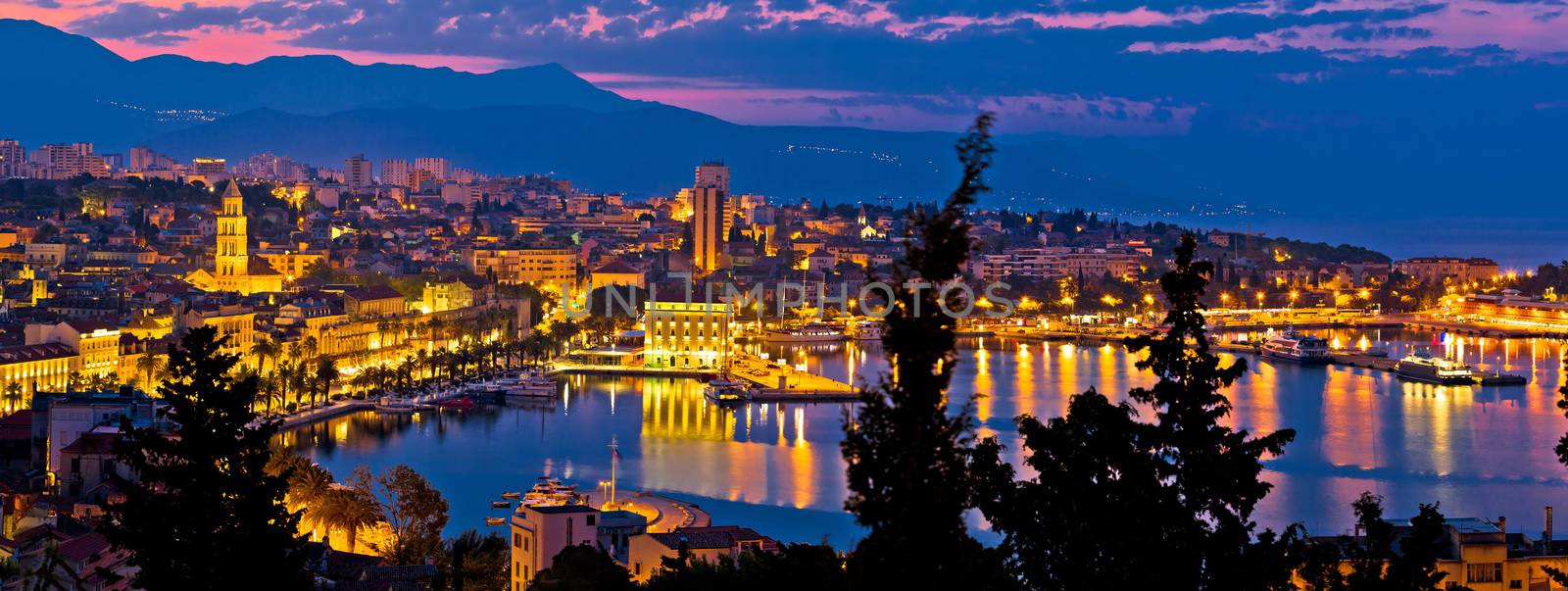 City of Split aerial panoramic view at dawn, waterfront and Diocletian palace, Dalmatia, Croatia