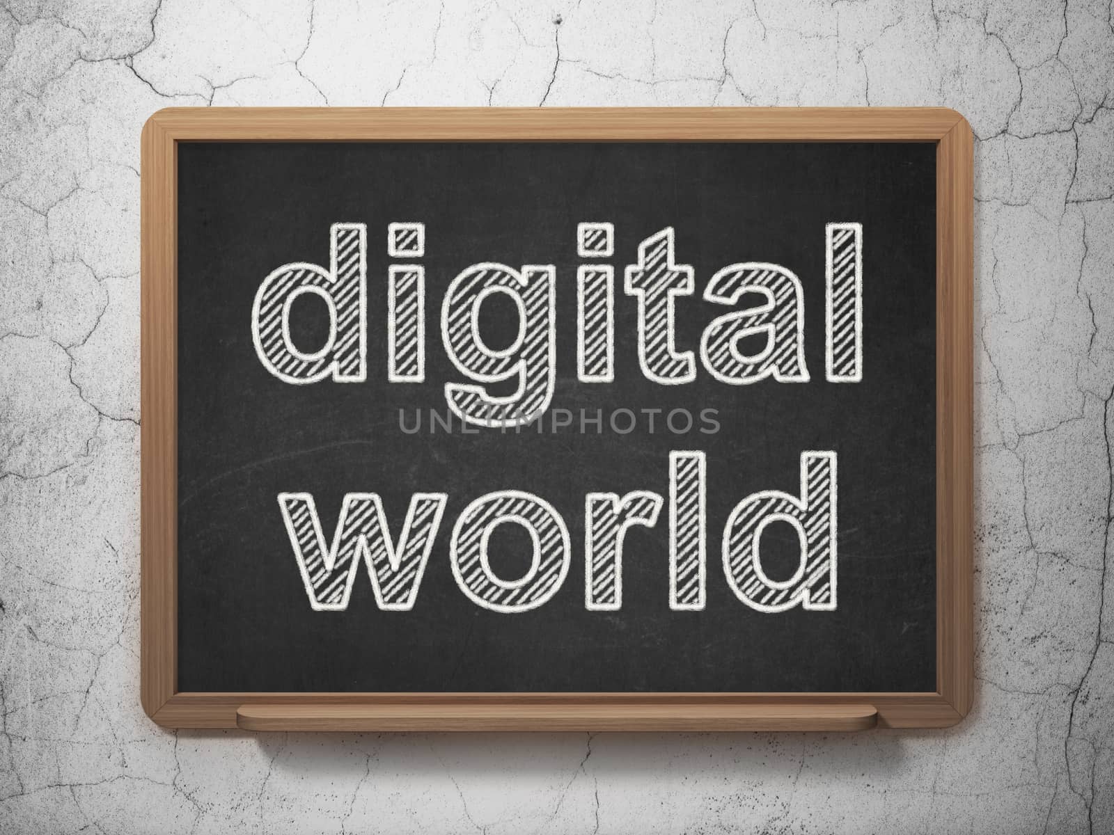 Information concept: text Digital World on Black chalkboard on grunge wall background, 3D rendering