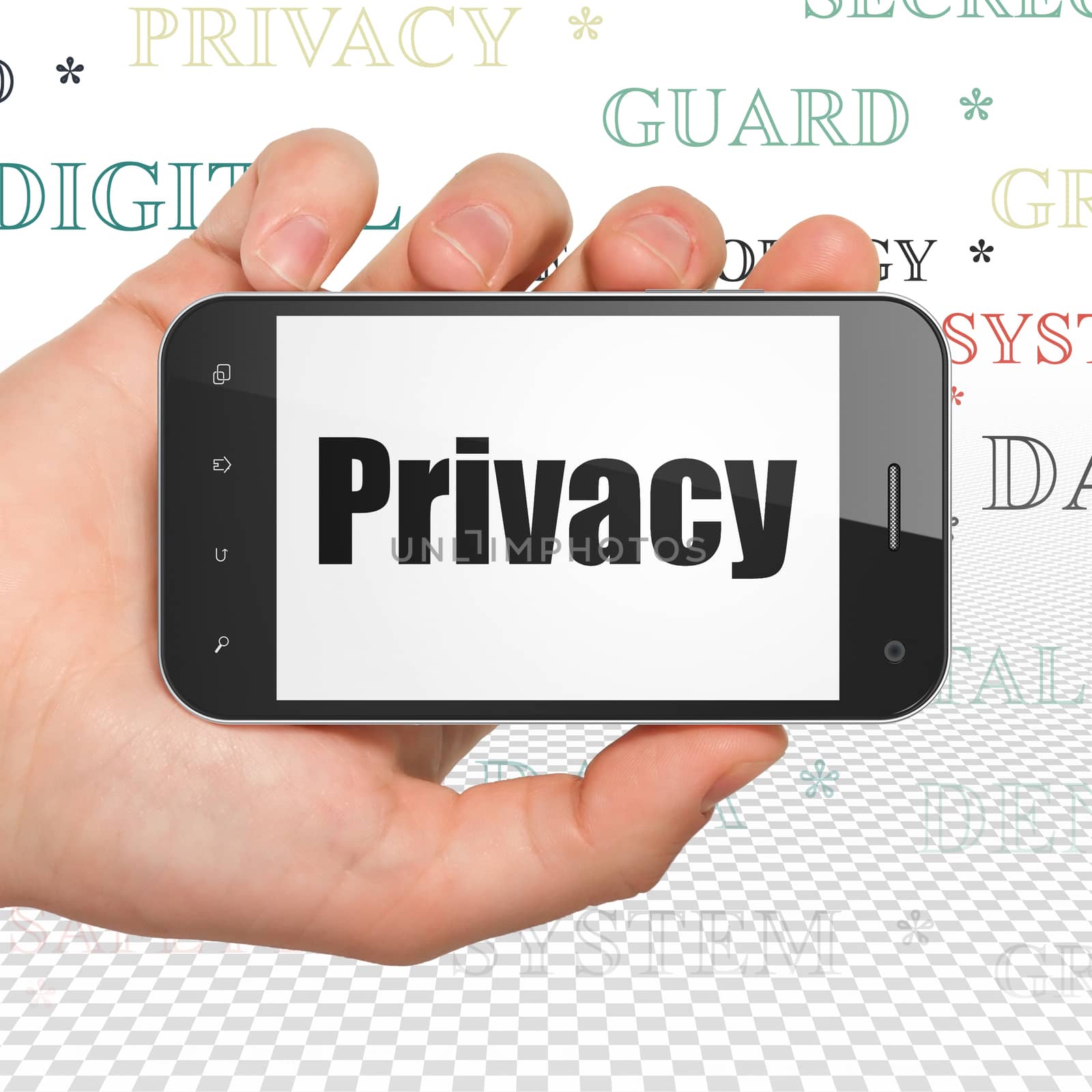 Privacy concept: Hand Holding Smartphone with  black text Privacy on display,  Tag Cloud background, 3D rendering