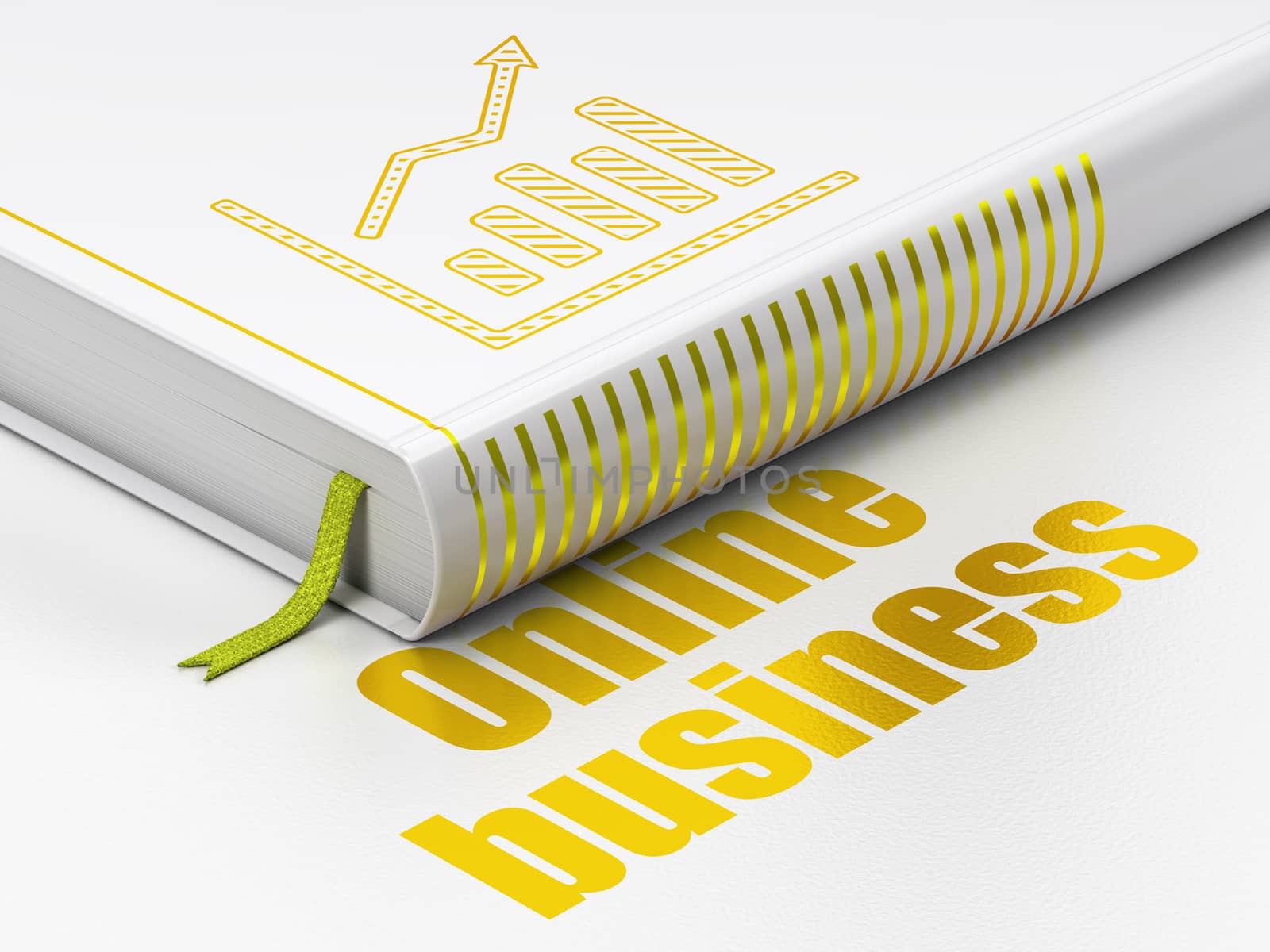 Finance concept: closed book with Gold Growth Graph icon and text Online Business on floor, white background, 3D rendering