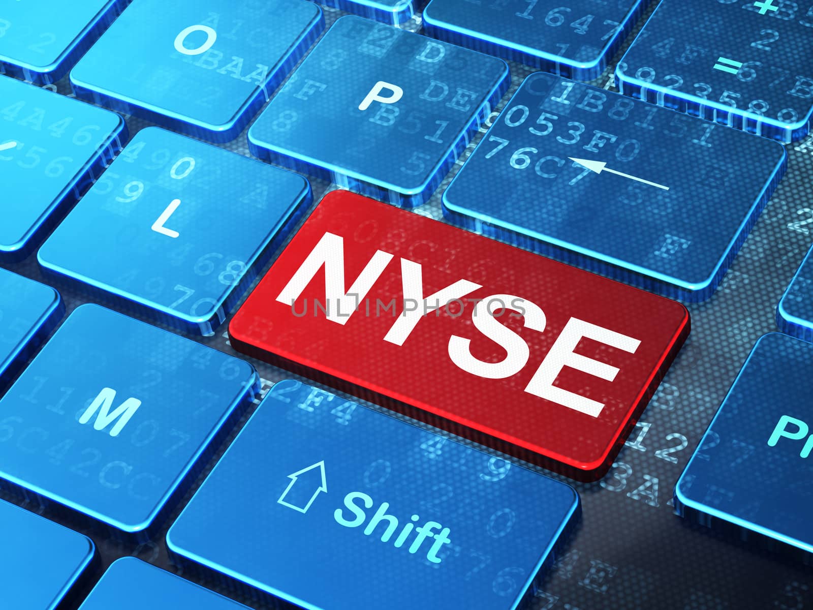 Stock market indexes concept: computer keyboard with word NYSE on enter button background, 3D rendering