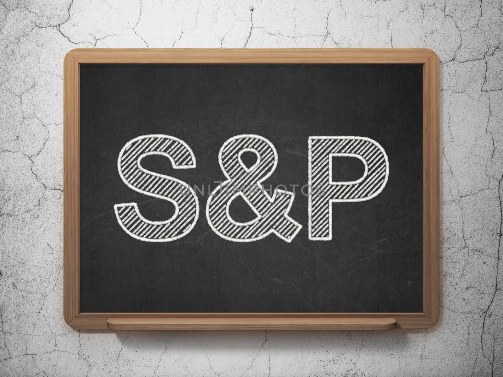 Stock market indexes concept: text S&P on Black chalkboard on grunge wall background, 3D rendering