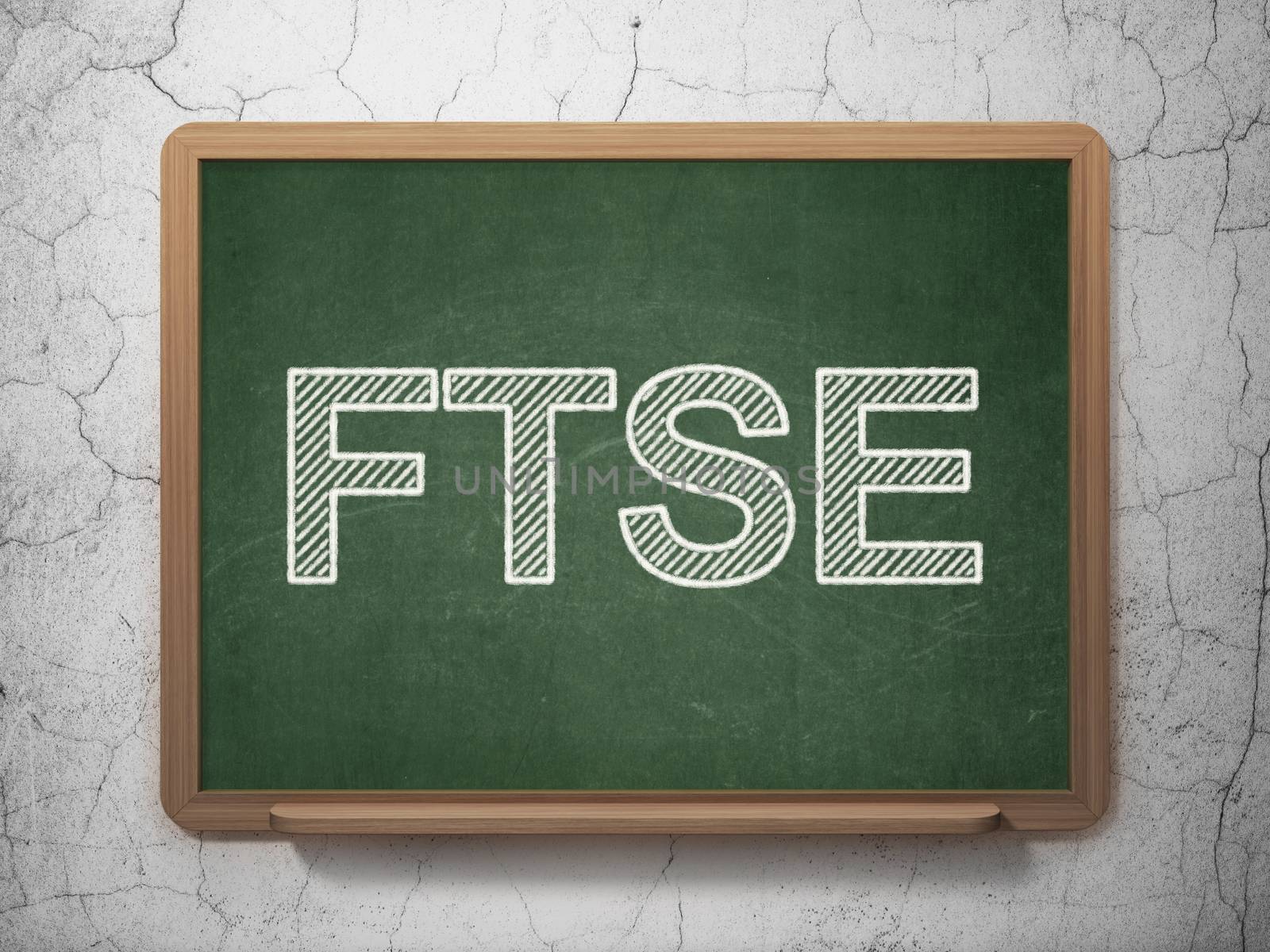 Stock market indexes concept: text FTSE on Green chalkboard on grunge wall background, 3D rendering