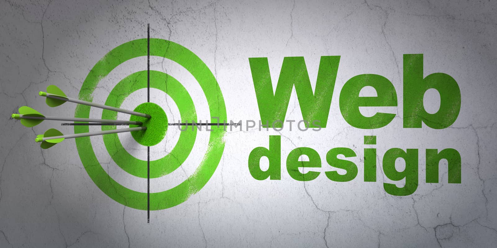 Success web design concept: arrows hitting the center of target, Green Web Design on wall background, 3D rendering