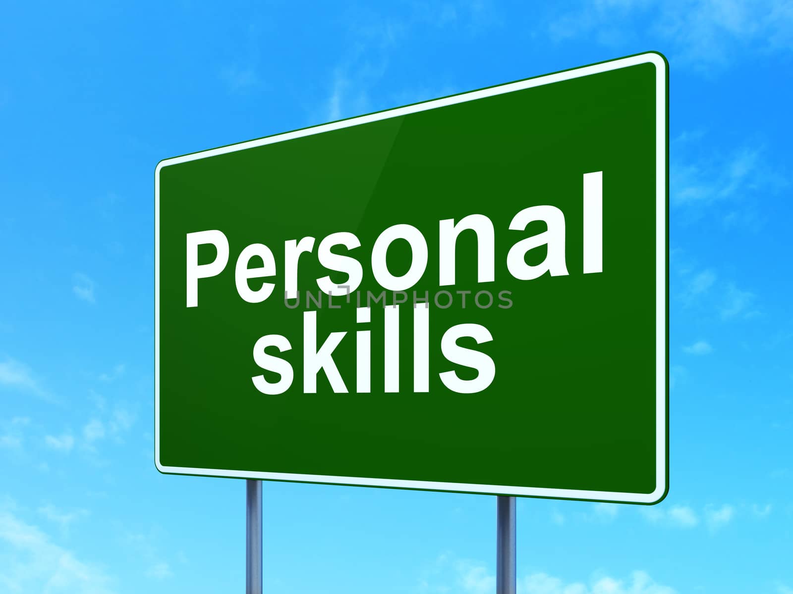 Learning concept: Personal Skills on green road highway sign, clear blue sky background, 3D rendering