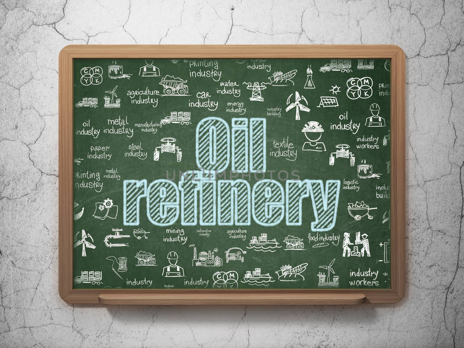 Manufacuring concept: Chalk Blue text Oil Refinery on School board background with  Hand Drawn Industry Icons, 3D Rendering