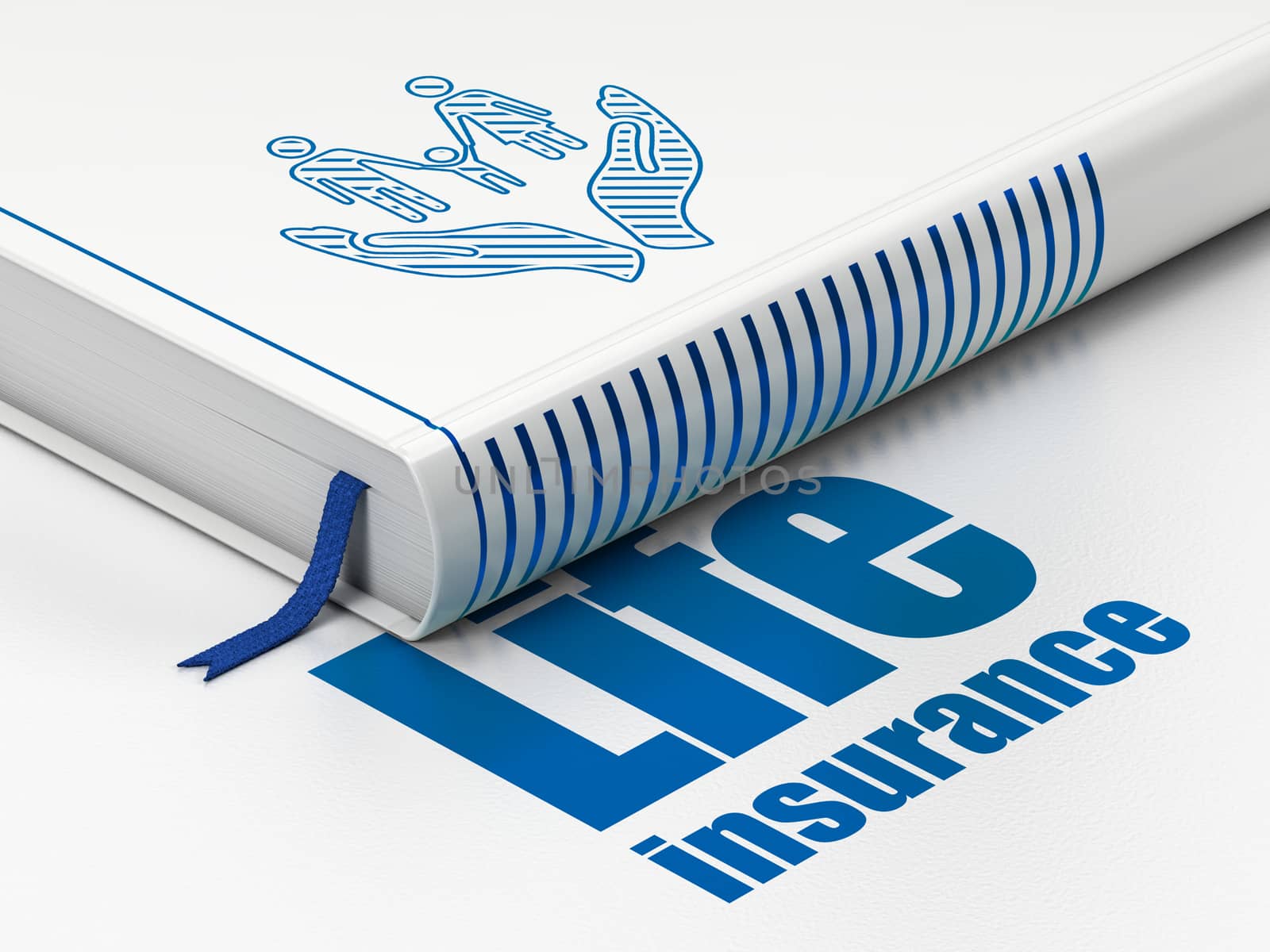 Insurance concept: closed book with Blue Family And Palm icon and text Life Insurance on floor, white background, 3D rendering