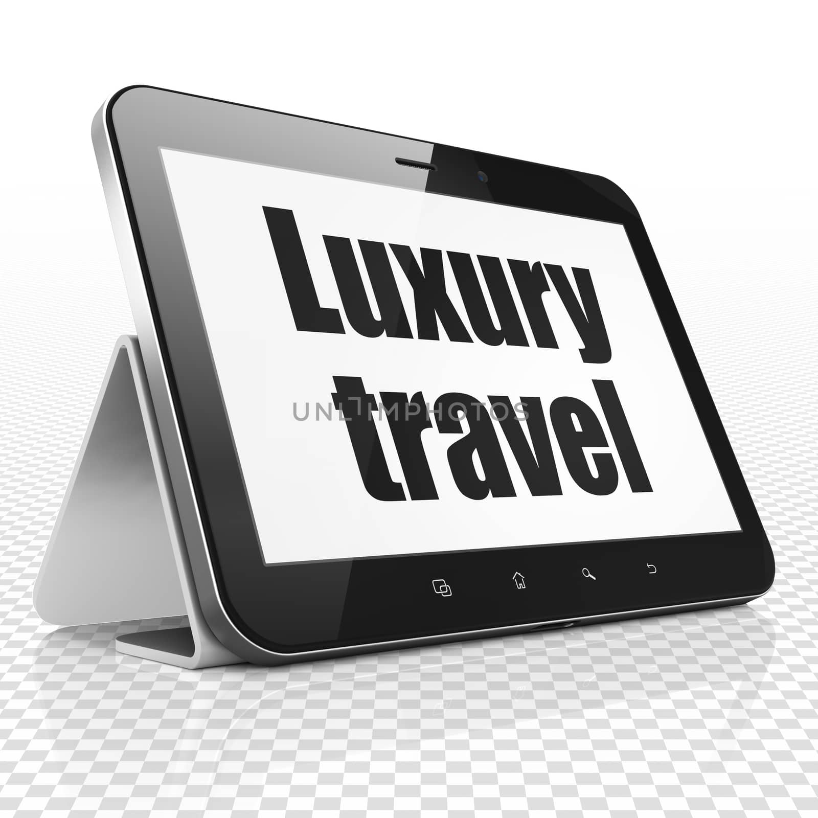 Vacation concept: Tablet Computer with black text Luxury Travel on display, 3D rendering