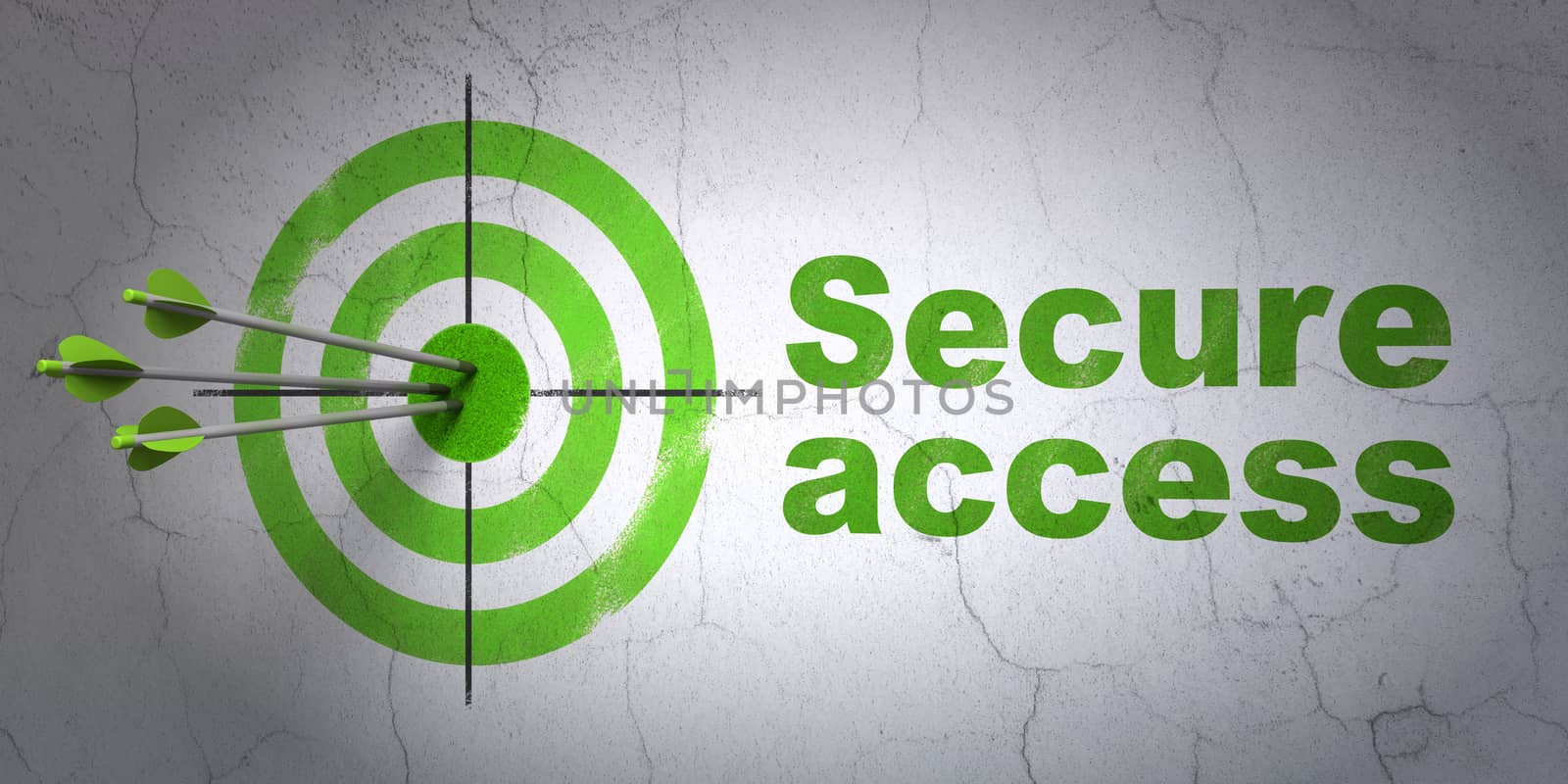 Success security concept: arrows hitting the center of target, Green Secure Access on wall background, 3D rendering