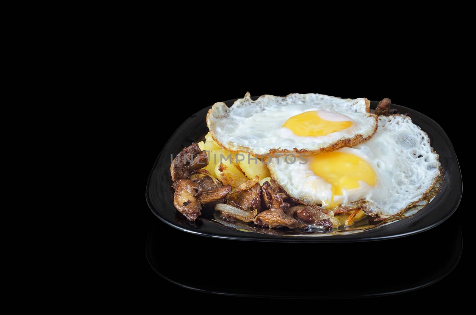 Fried eggs with potatoes and mushrooms on a black plate and a black background, with reflection.