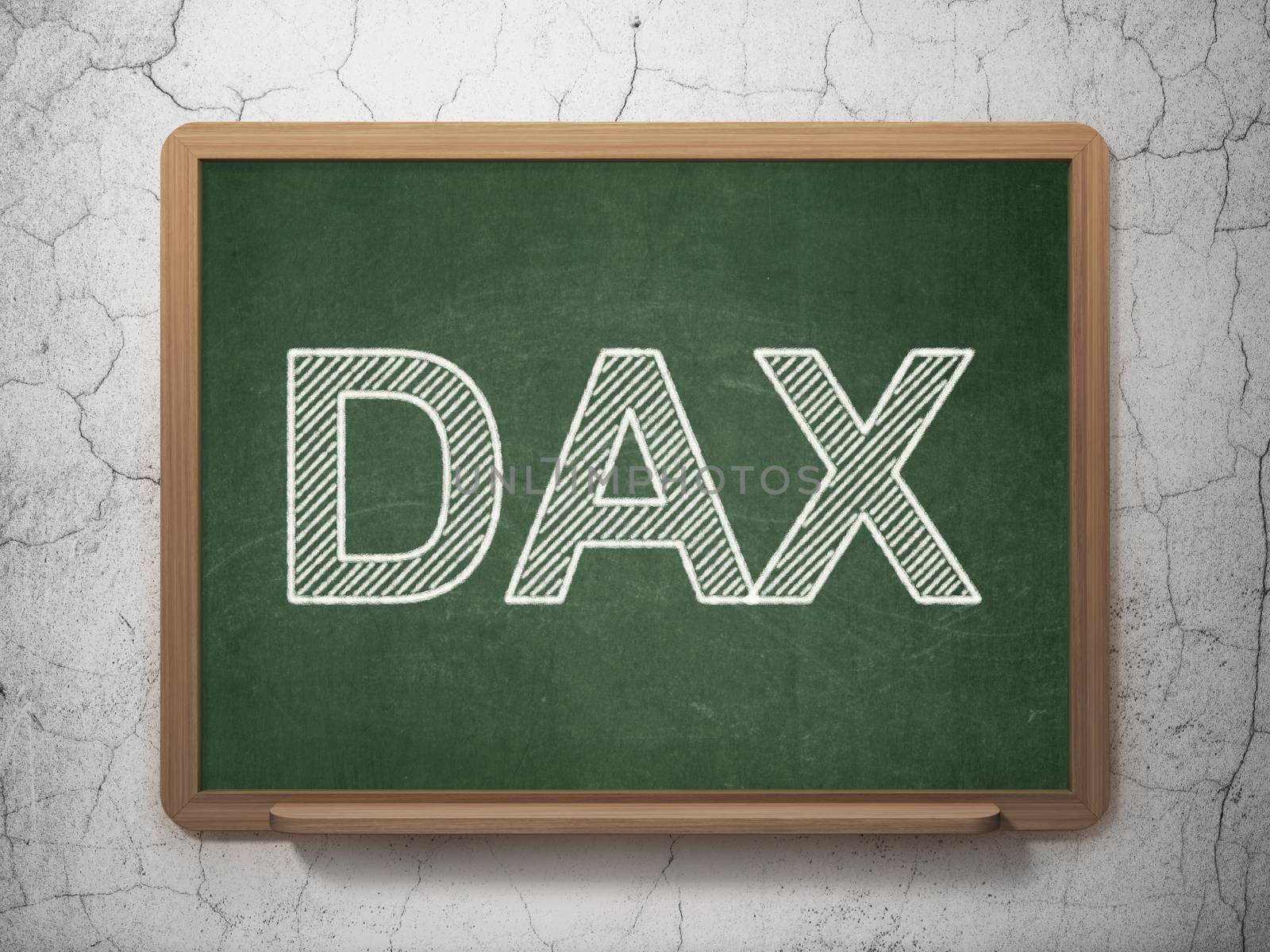 Stock market indexes concept: text DAX on Green chalkboard on grunge wall background, 3D rendering