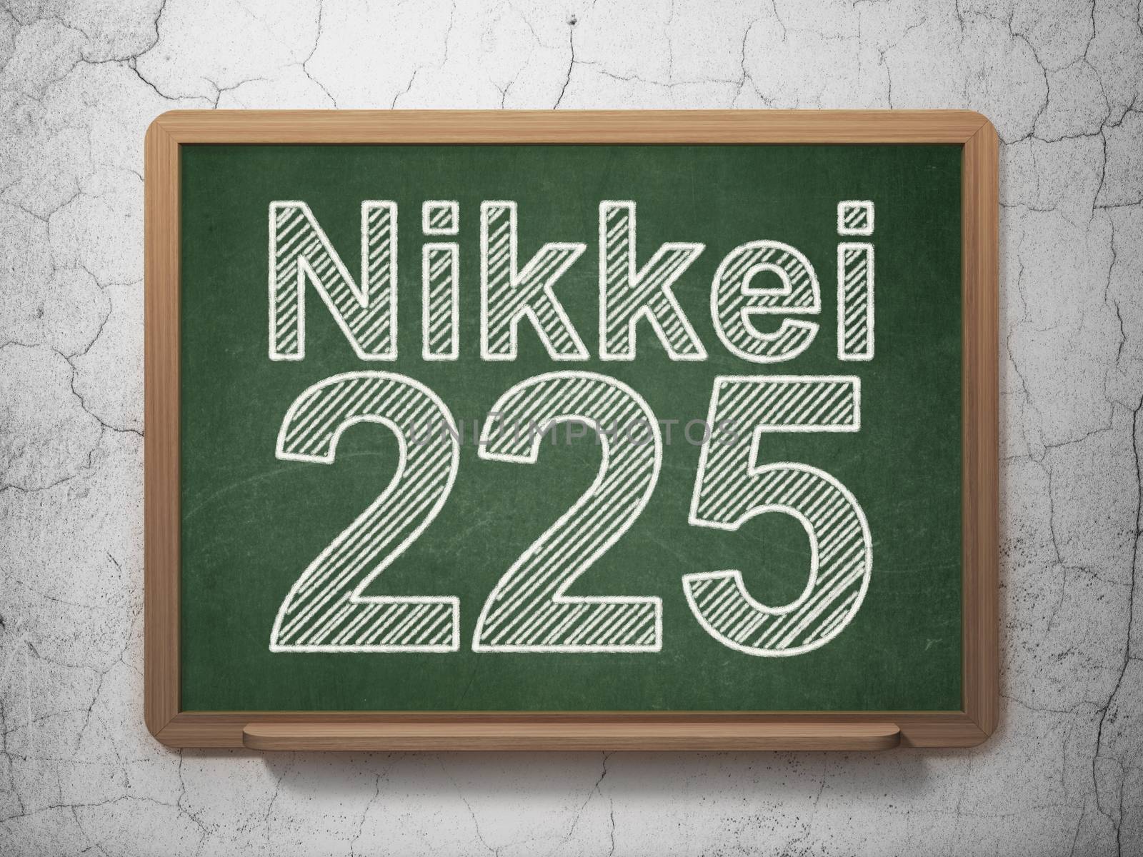 Stock market indexes concept: text Nikkei 225 on Green chalkboard on grunge wall background, 3D rendering