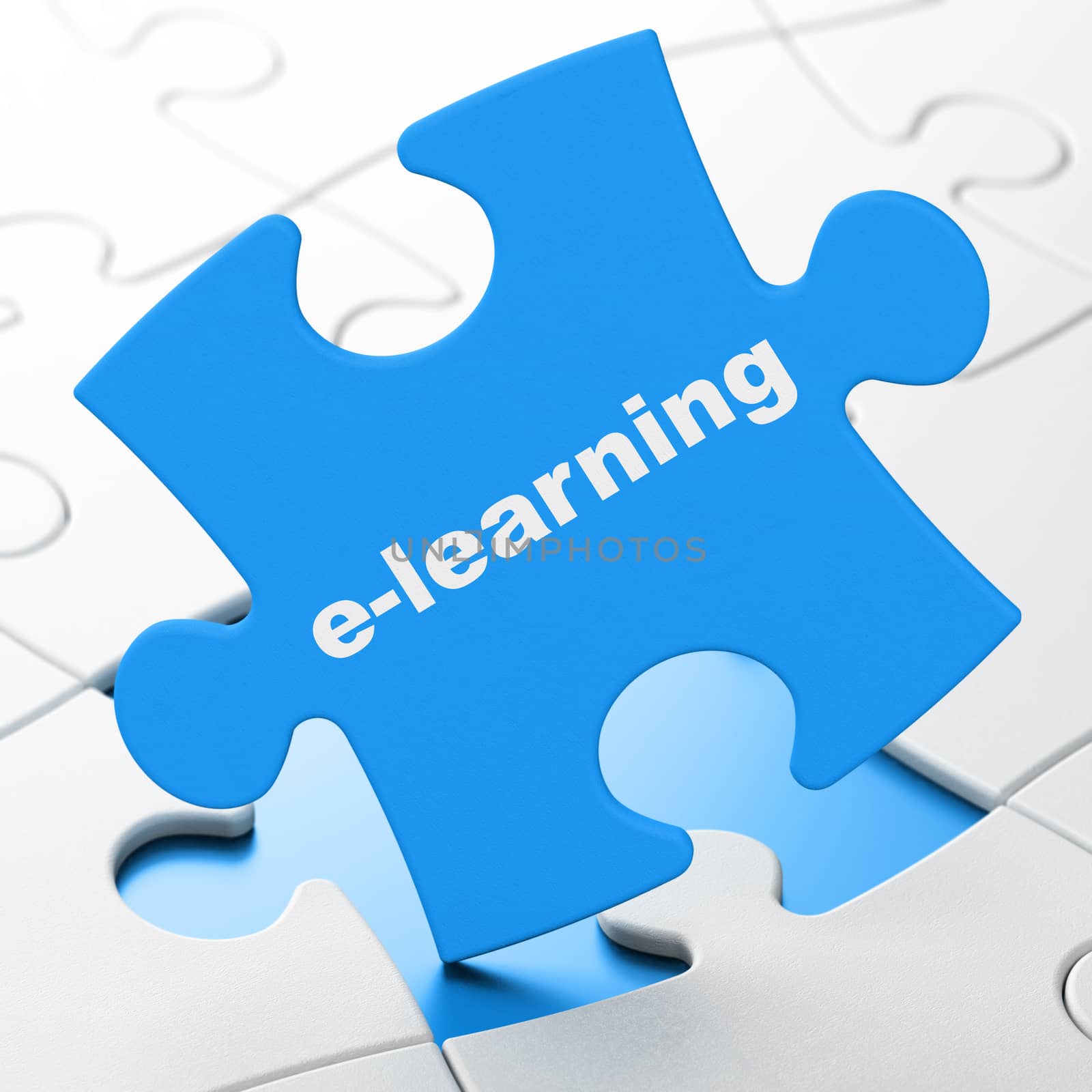 Learning concept: E-learning on Blue puzzle pieces background, 3D rendering