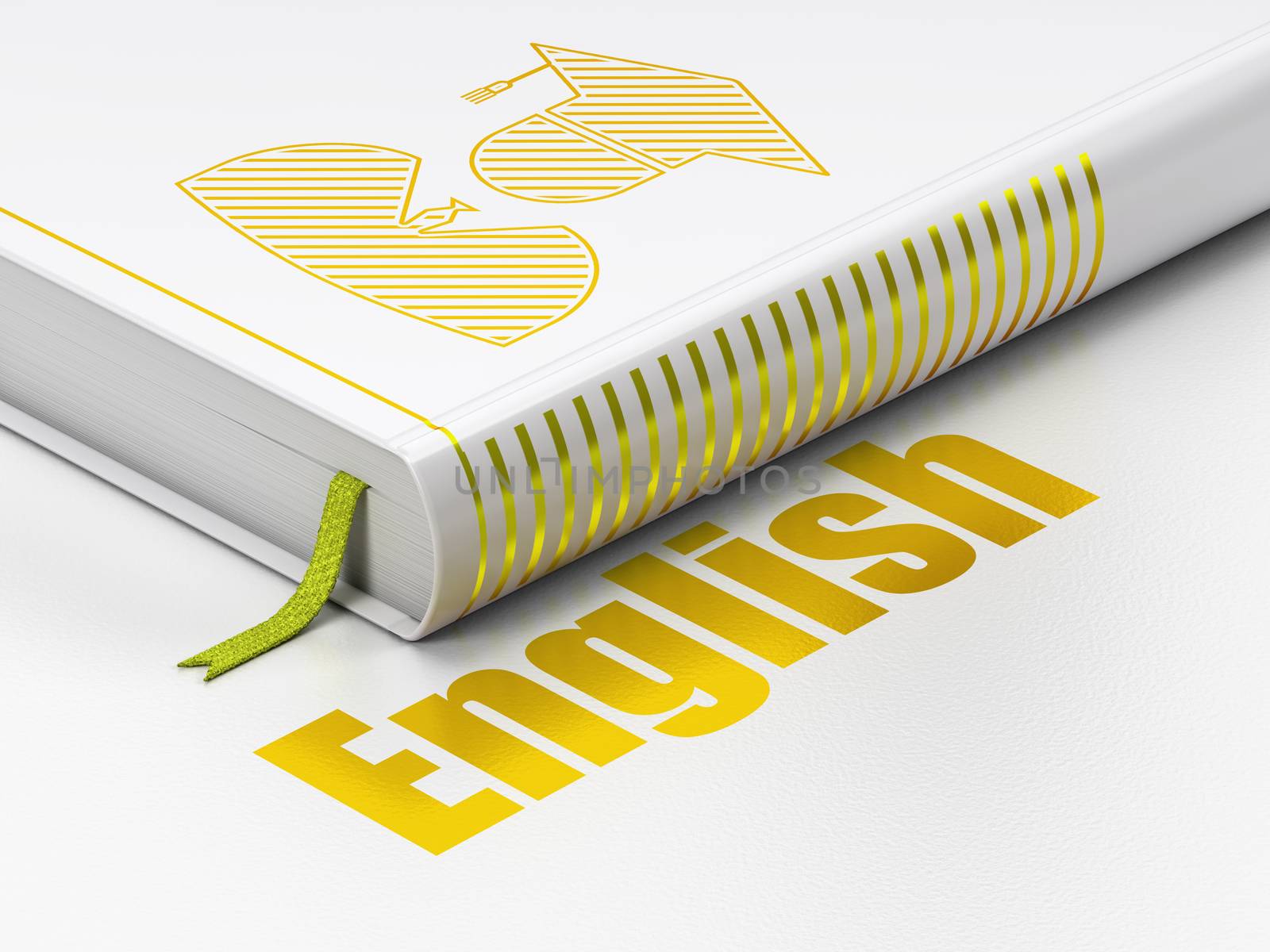 Studying concept: closed book with Gold Student icon and text English on floor, white background, 3D rendering