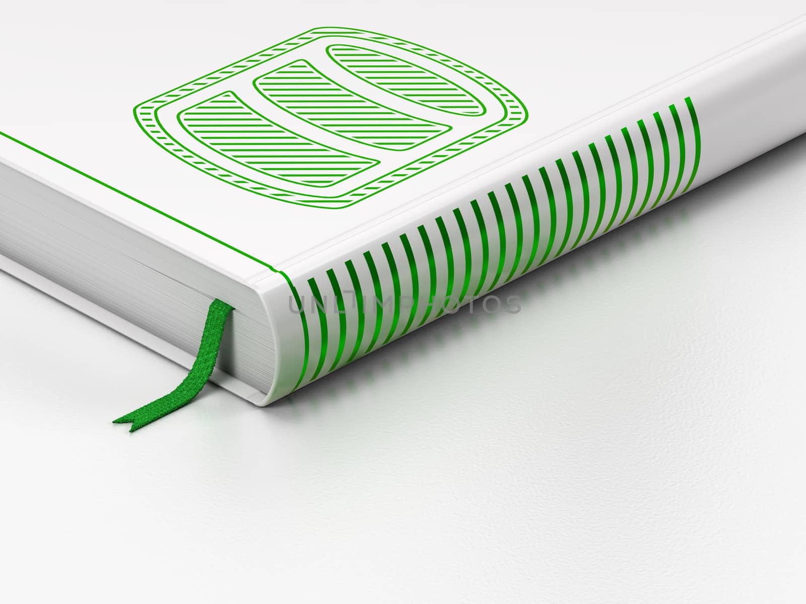 Database concept: closed book with Green Database icon on floor, white background, 3D rendering