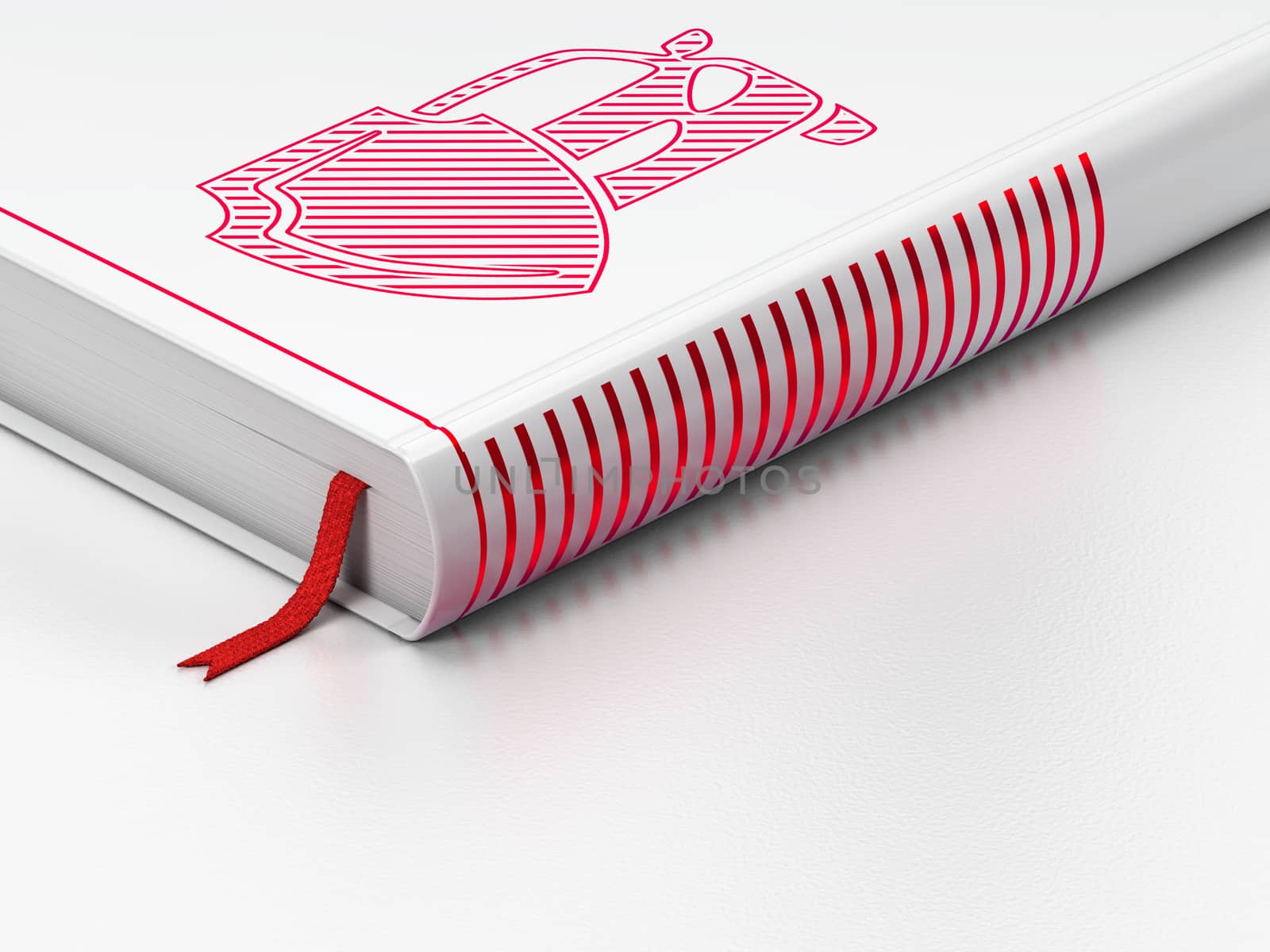 Insurance concept: closed book with Red Car And Shield icon on floor, white background, 3D rendering