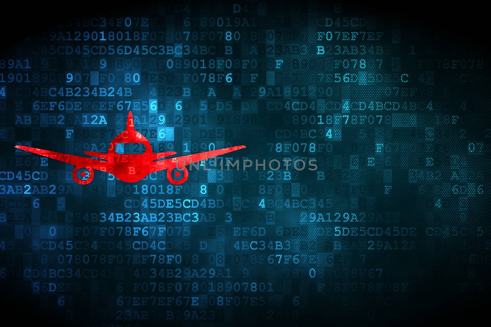 Tourism concept: pixelated Aircraft icon on digital background, empty copyspace for card, text, advertising