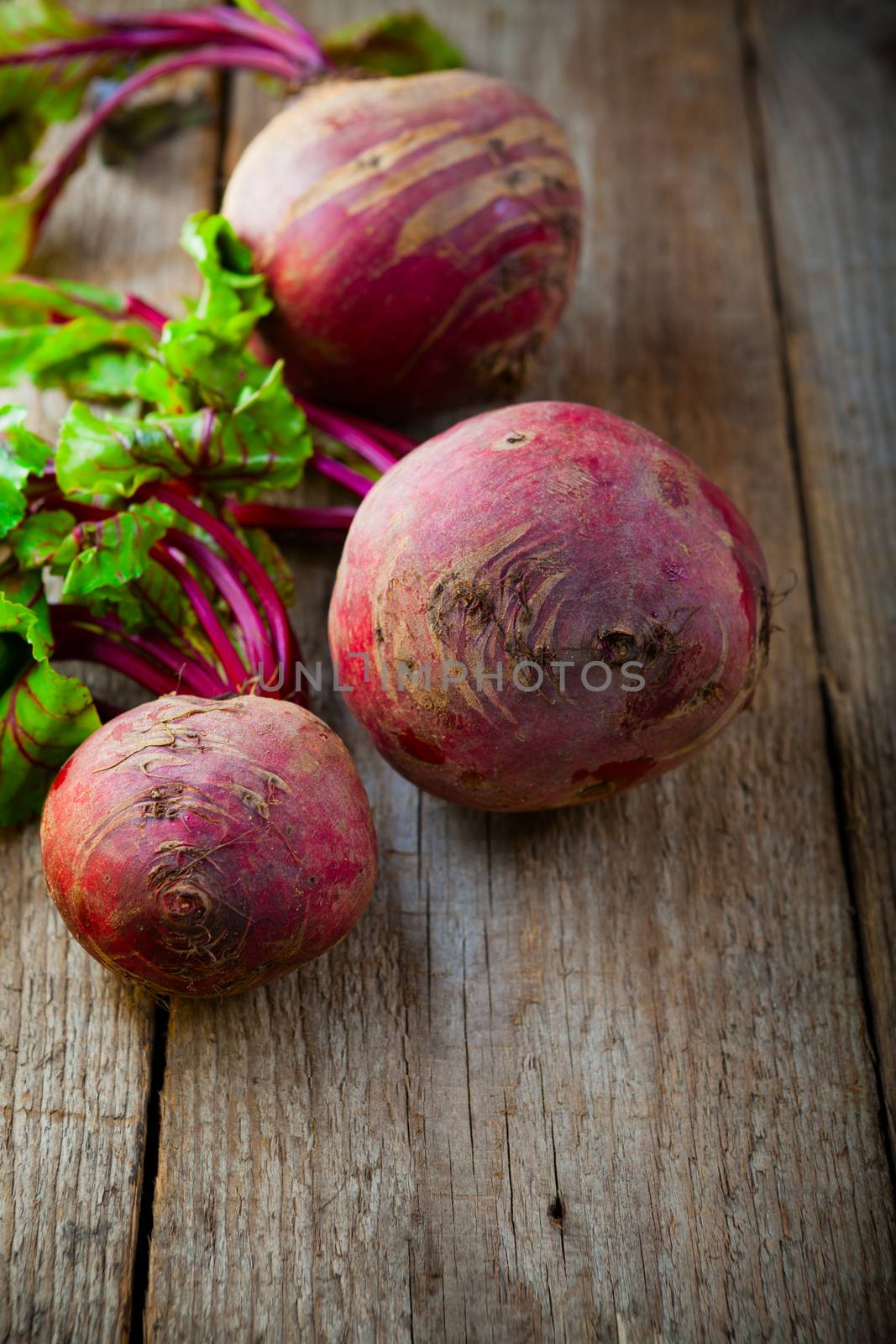 Fresh organic beets on a wood table. 