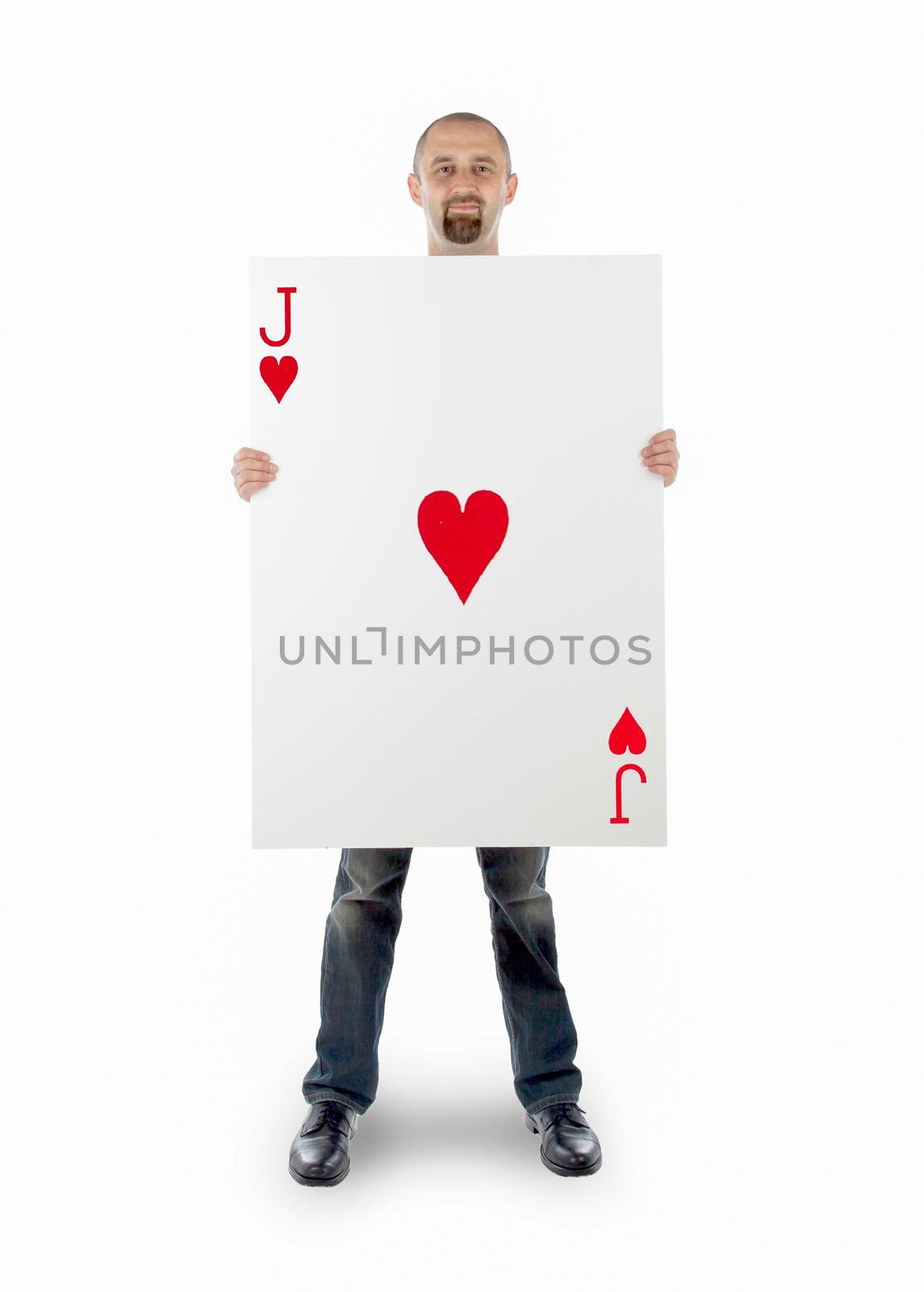Businessman with large playing card - Jack of hearts