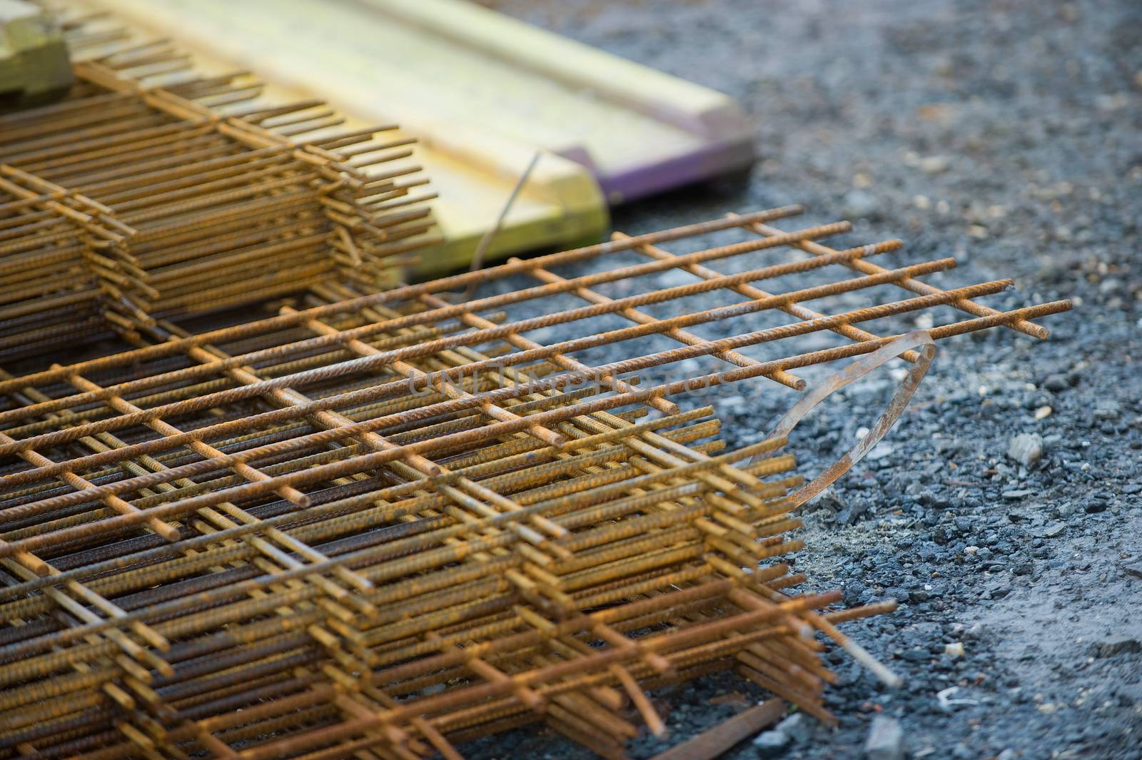 Stack of reinforcing bar mesh in a construction site, France