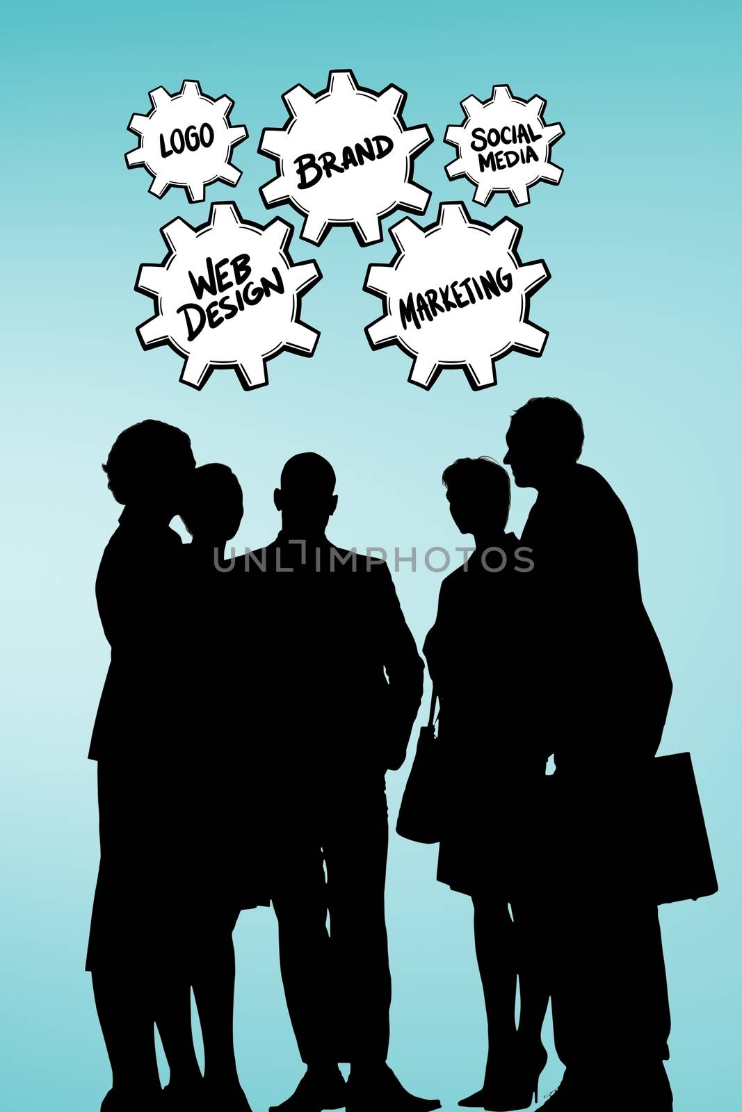 Composite image of businesspeople are talking against a blue background 