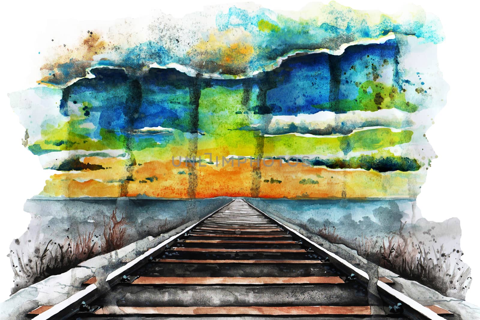 Railroad track drawing watercolour