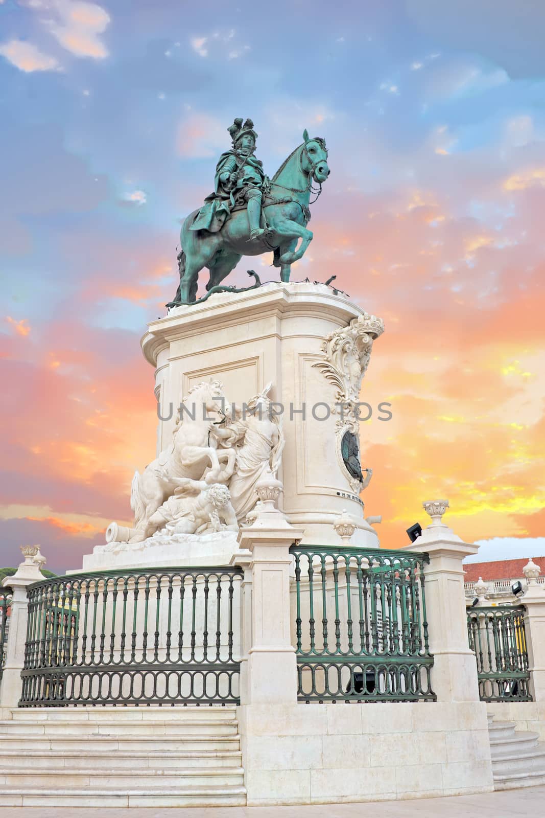 Praca do Comercio and Statue of King Jose I in Lisbon, Portugal at sunset