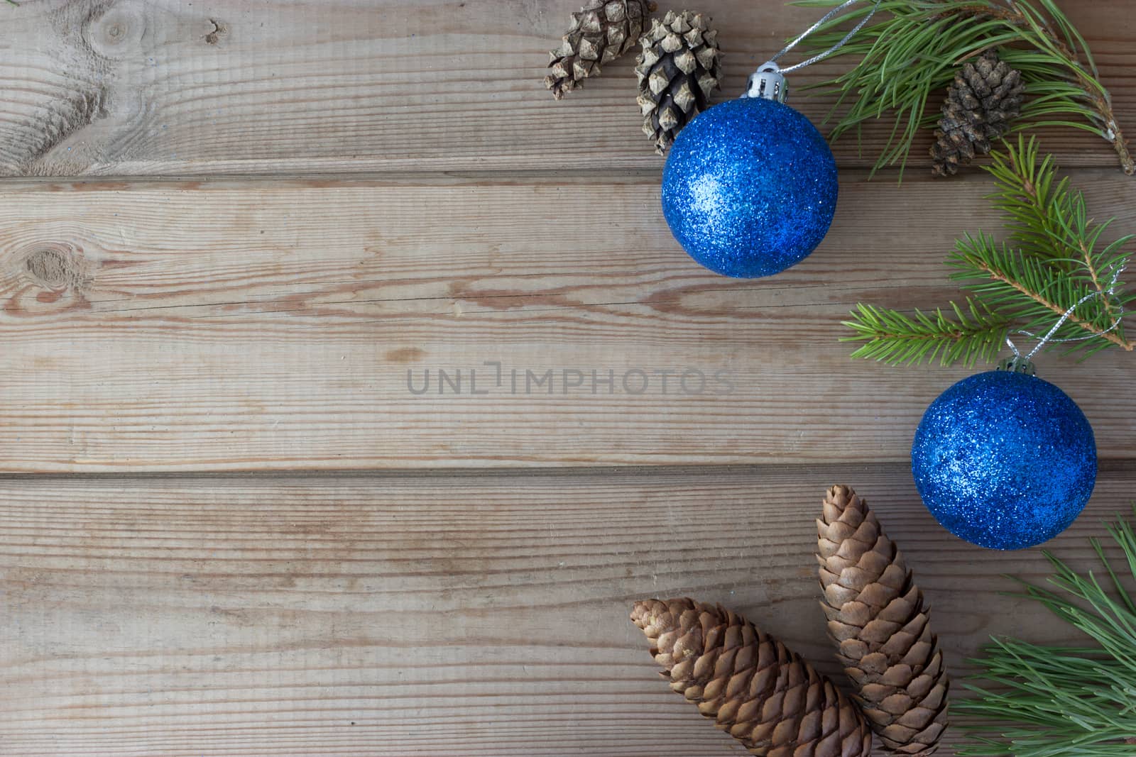 Christmas mock up with cones, Christmas ball and Christmas-tree branches