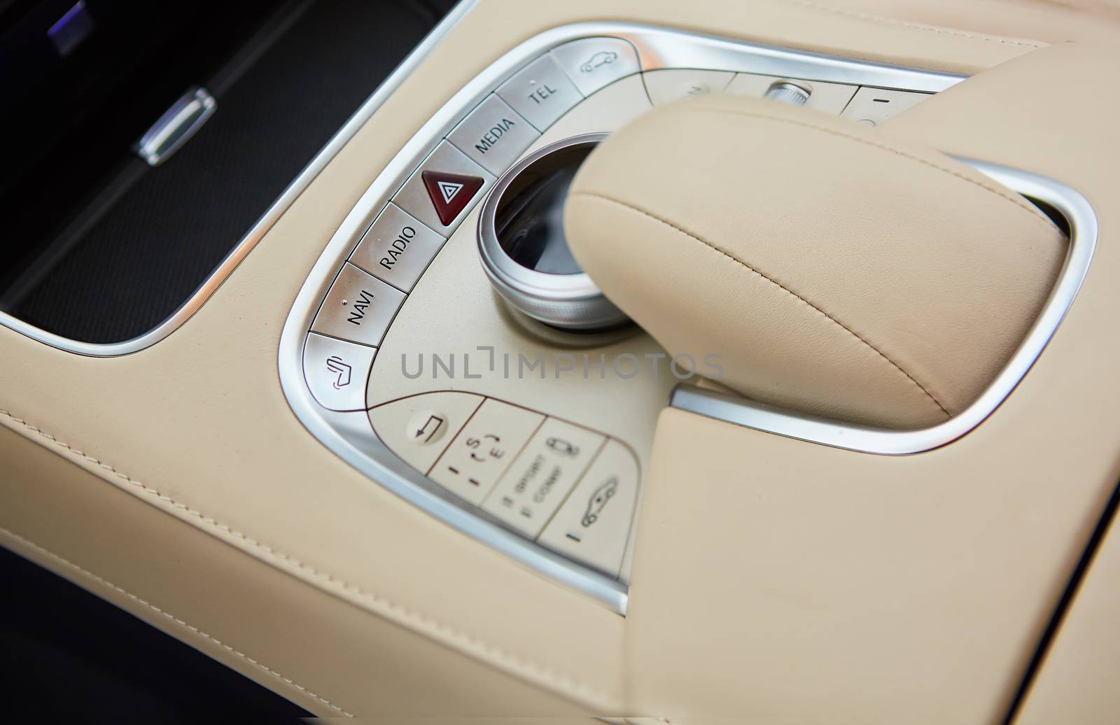 Detail of modern car interior, gear stick, automatic transmission in expensive car