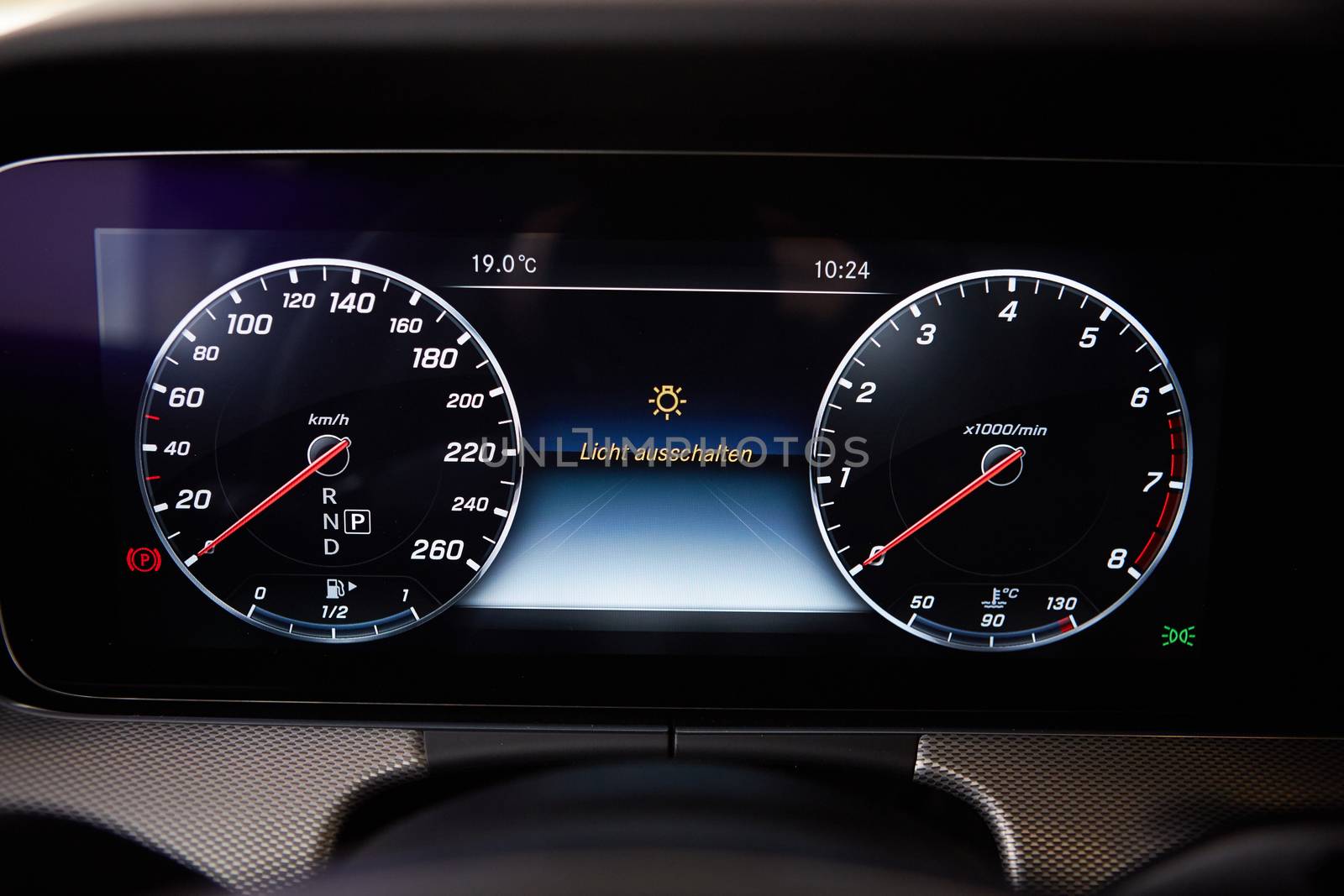 Modern car speedometer. Close up shot of the dashboard a car